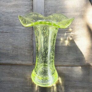 Vintage Art Glass Vase Transparent Green With Small Bubbles All Over Ruffled Top